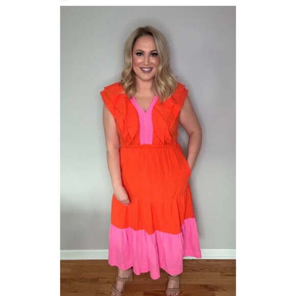 THML Anthropologie Dress Floral Smocked Lined Maxi Colorblock  Size Small Fairy - Picture 1 of 9